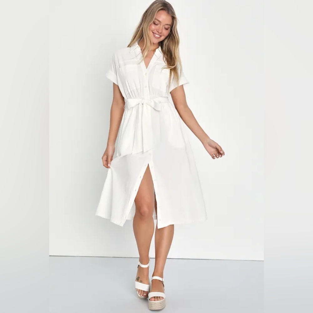 Lulu's White Button-Up Linen Midi Dress